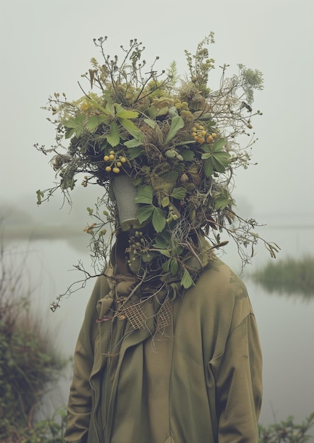 Illustration of a Woman Adorned with a Floral Headdress Embracing the Earthy Beauty of Spring