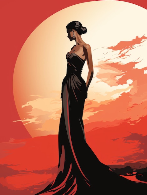 an illustration of a woman in a black dress standing in front of a sunset