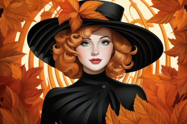 an illustration of a woman in a black hat and leaves