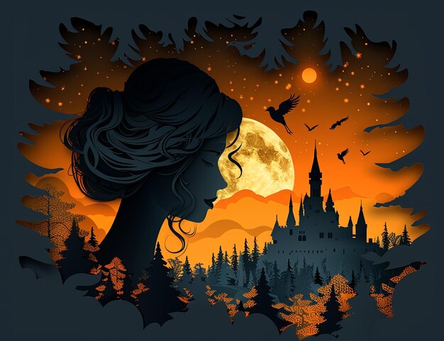 Foto illustrazione di una donna con un cappello nero seduta sulla luna con un grande albero di fronte alla luna