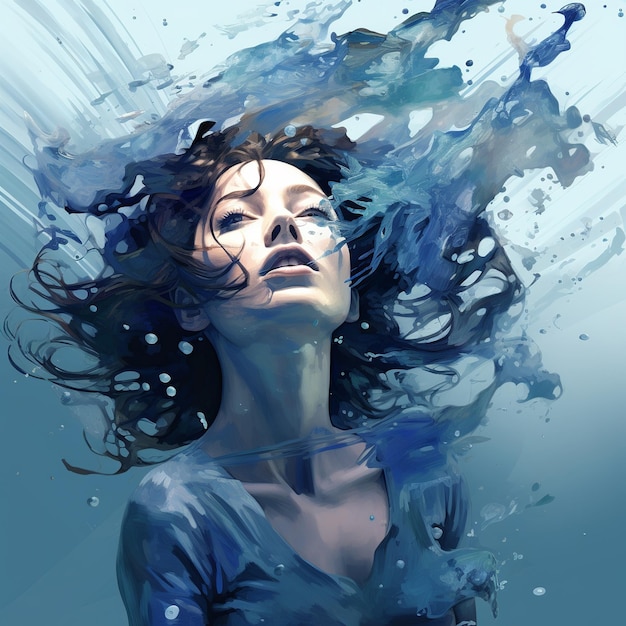 illustration of a woman in blue water in the air in the style