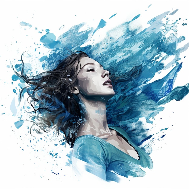 illustration of a woman in blue water in the air in the style