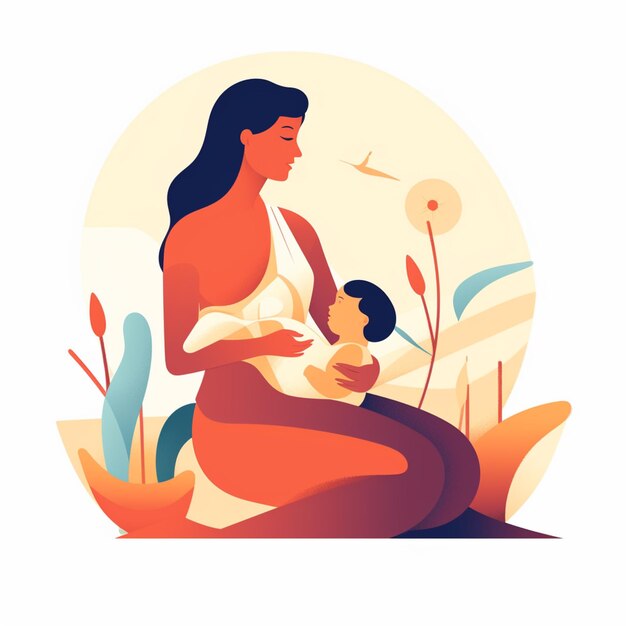 Photo illustration of a woman breasting a baby in a field generative ai