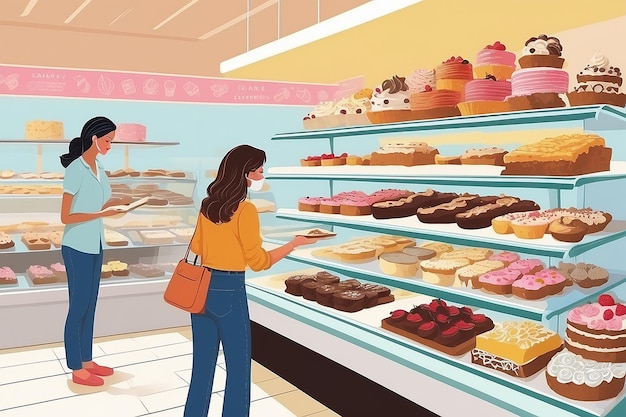 A illustration of a woman buying cake at a bakery store