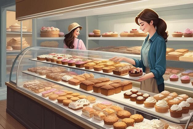 A illustration of a woman buying cake at a bakery store