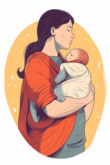 иллюстрация женщина, несущая своего ребенка в шнурке