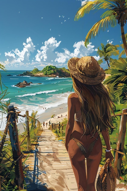 Illustration of a woman getting inspired on the boardwalk of a salvador bahia brazilian beach