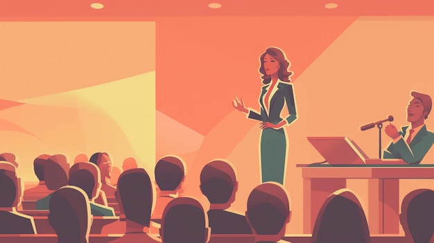 Photo illustration of a woman giving a presentation to a group of people generative ai