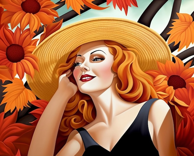 an illustration of a woman in a hat and sunflowers