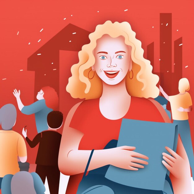 Illustration of a woman holding a book with a group of people in the background generative ai