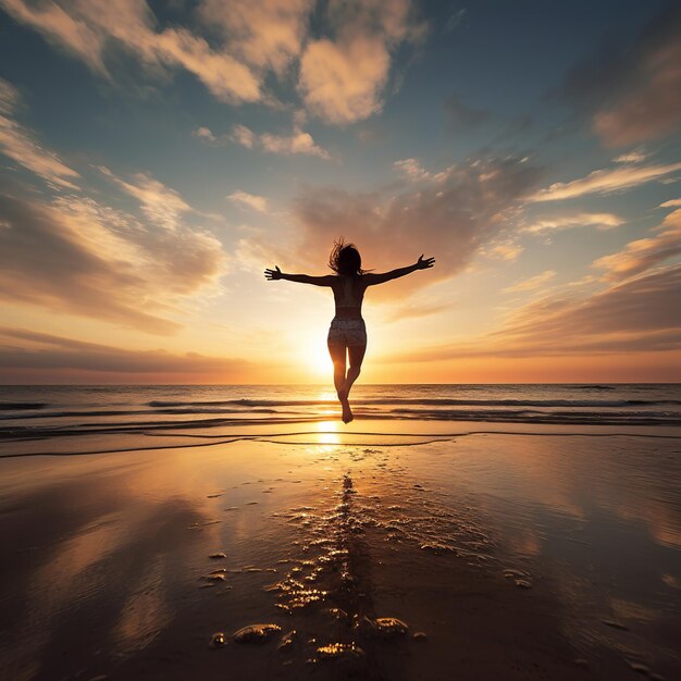 Photo illustration of a woman jumping in the aira photo of a woman jumping