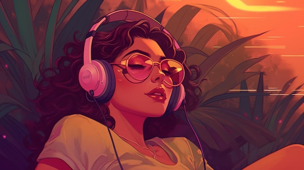 Illustration of a woman listening to music with headphones and a laptop generative ai