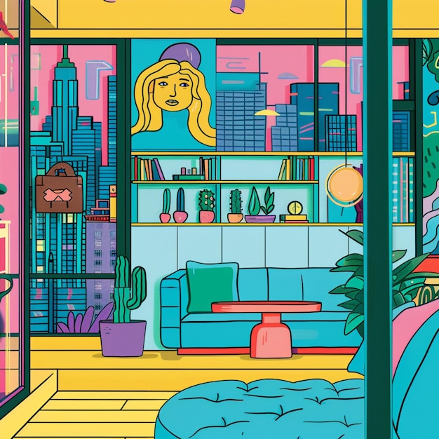 Photo illustration of a woman in a living room with a city view generative ai