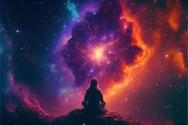 Illustration of woman in lotus position meditating in stars\
space milky way backgroundai