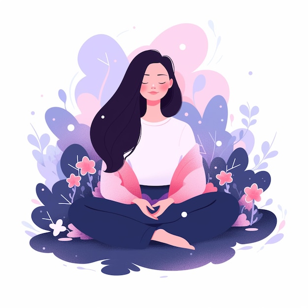 Illustration of a woman meditating in a lotus position with flowers and leaves generative ai