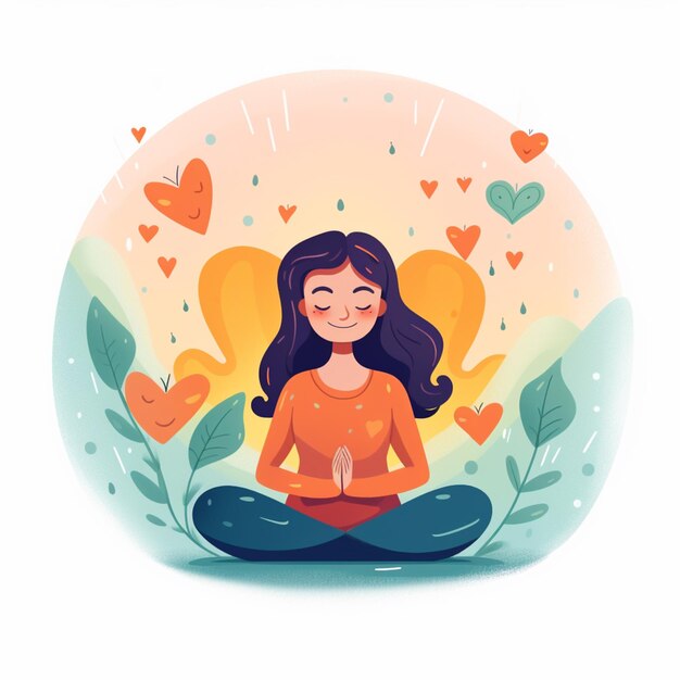 illustration of a woman meditating in a lotus position with hearts in the background generative ai