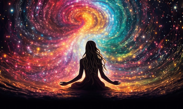 Illustration of a woman meditating on a vibrant colored space background