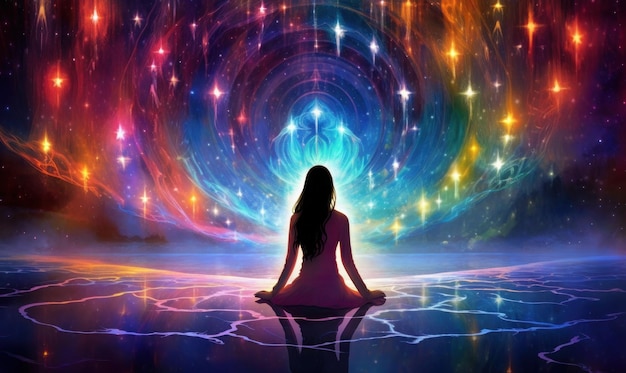 Illustration of a woman meditating on a vibrant colored space background