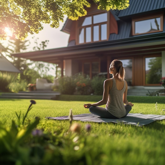 illustration of a woman meditating on yoga mat on green grass