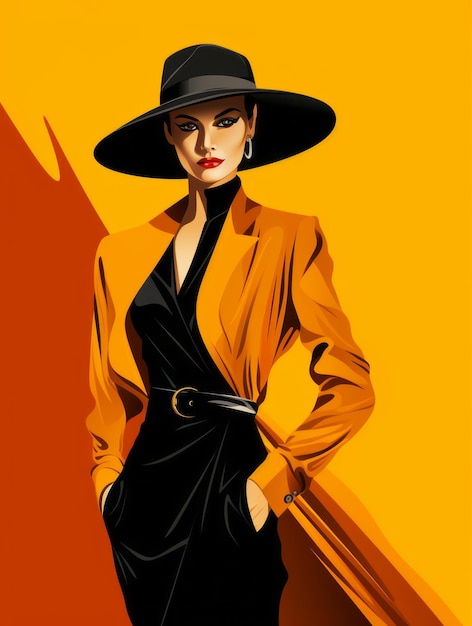 an illustration of a woman in an orange dress and black hat