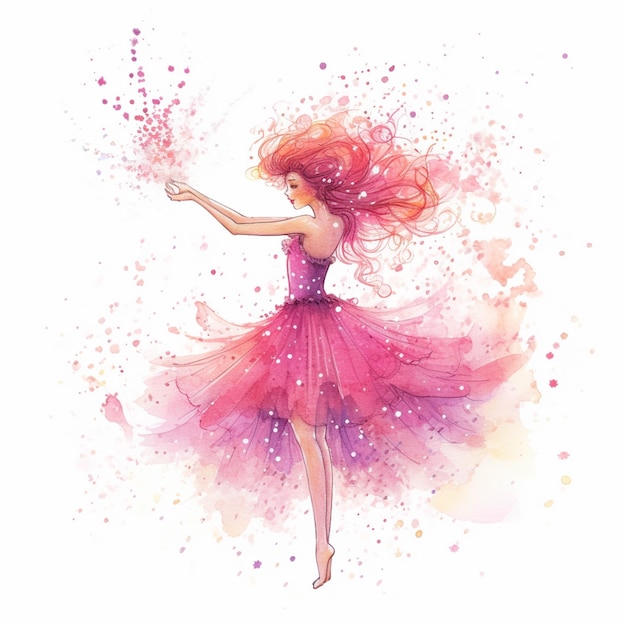 Illustration of a woman in a pink dress with a pink flower in her hand generative ai