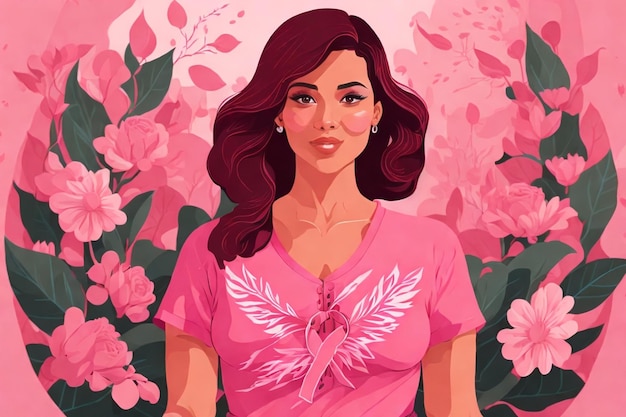 Photo illustration of a woman in a pink shirt with a pink ribbon on it surrounded by pink leaves and flowers