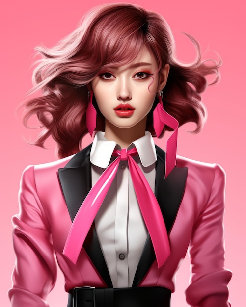 an illustration of a woman in a pink suit and bow tie