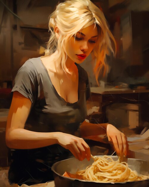 illustration of woman preparing noodles asian noodle dish culinary art character concept advert