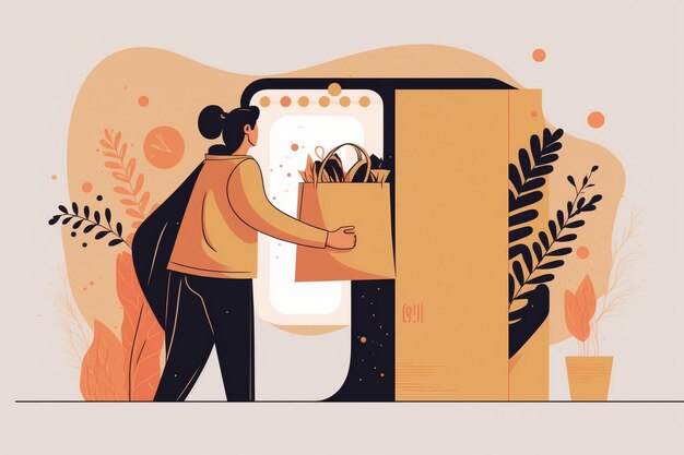 An illustration of a woman putting a bag of food into a phone