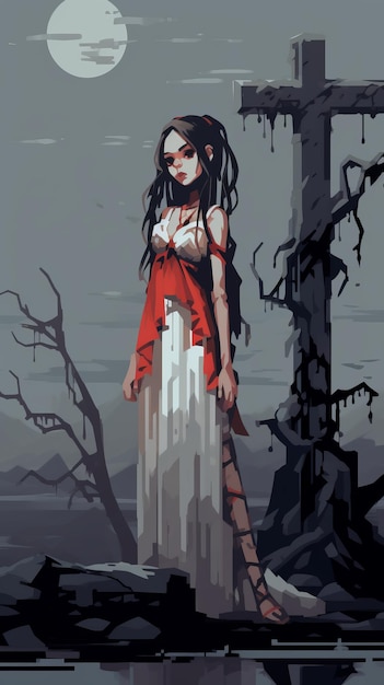 an illustration of a woman in a red dress standing next to a cross