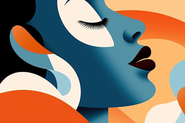 An illustration of a woman's face with a blue and orange background