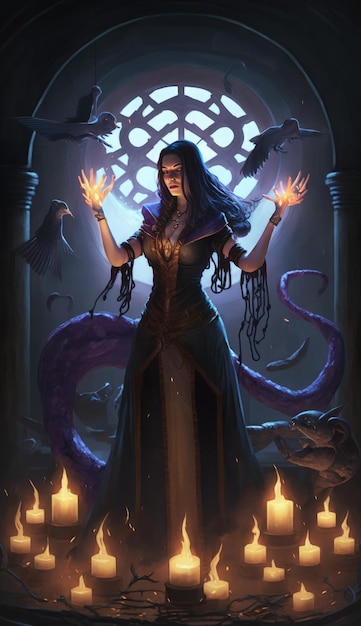 an illustration of a woman scorcerer casting magic spells