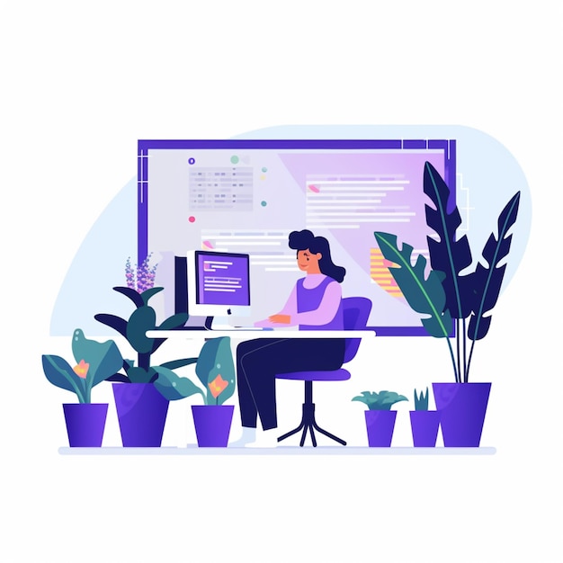 Photo illustration of a woman sitting at a desk with a computer and potted plants generative ai