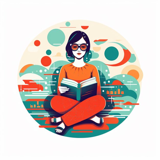 illustration of a woman sitting on the ground reading a book generative ai