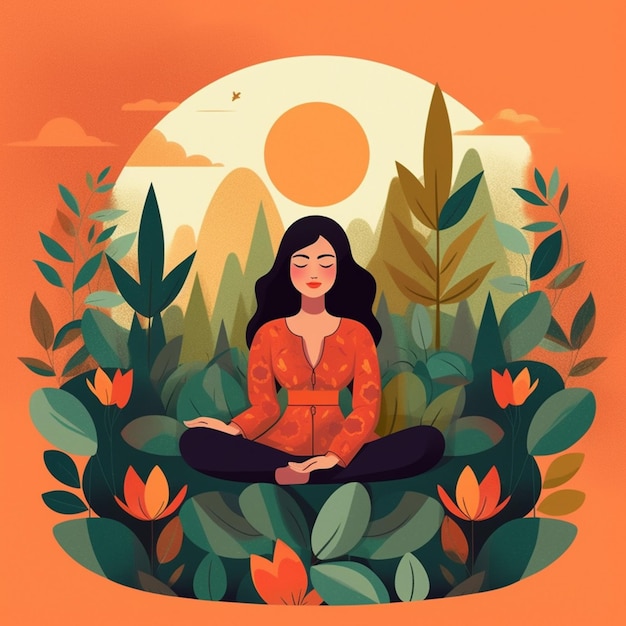 Illustration of a woman sitting in a lotus position in the middle of a jungle generative ai