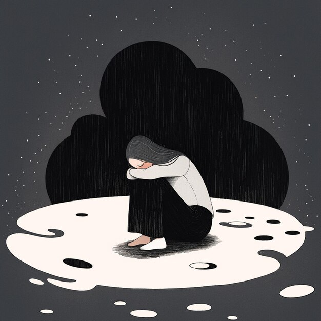Photo illustration of a woman sitting on a moon with her head in her hands generative ai