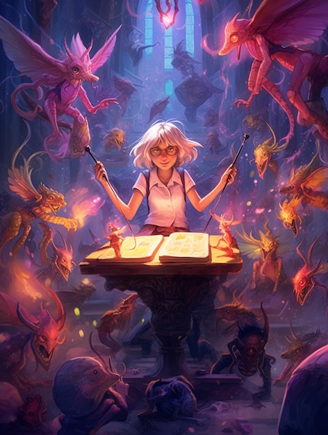 illustration of a woman sitting at a table surrounded by monsters generative ai