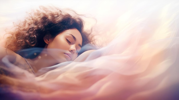 Illustration of woman sleeping and dreaming Psychic girl considers mind and heart spirituality