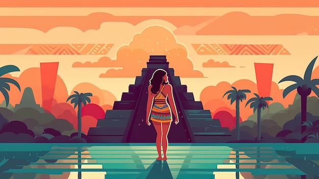Иллюстрация женщины, стоящей перед древней пирамидой.
