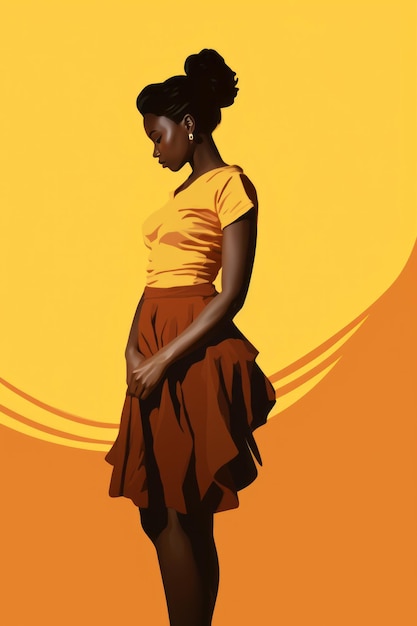 An illustration of a woman standing in front of an orange background