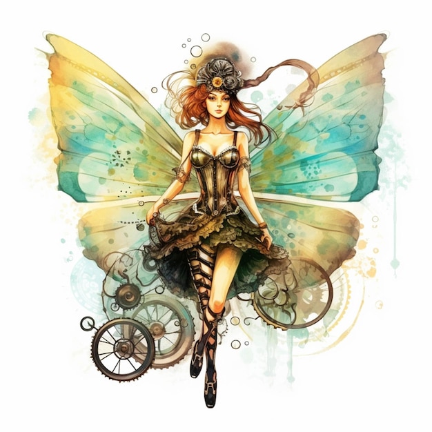 Illustration of a woman in a steampunky dress with a butterfly wings generative ai