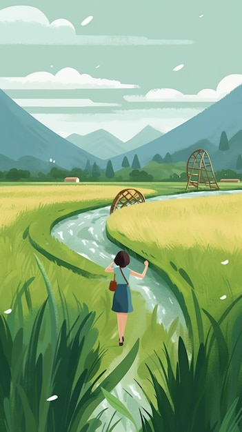 Illustration of a woman walking through a field with a bridge in the background generative ai