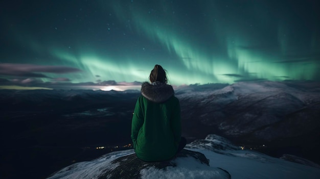 写真 北極光を眺めている女性 - アイ・ジェネレーティブ