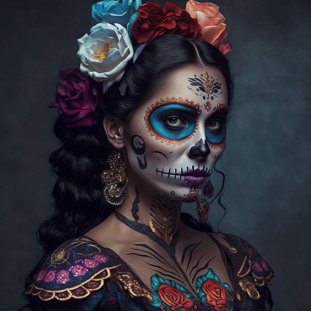 иллюстрация женщины с макияжем и платьем в черепе Day of the Dead or Da de los Muertos