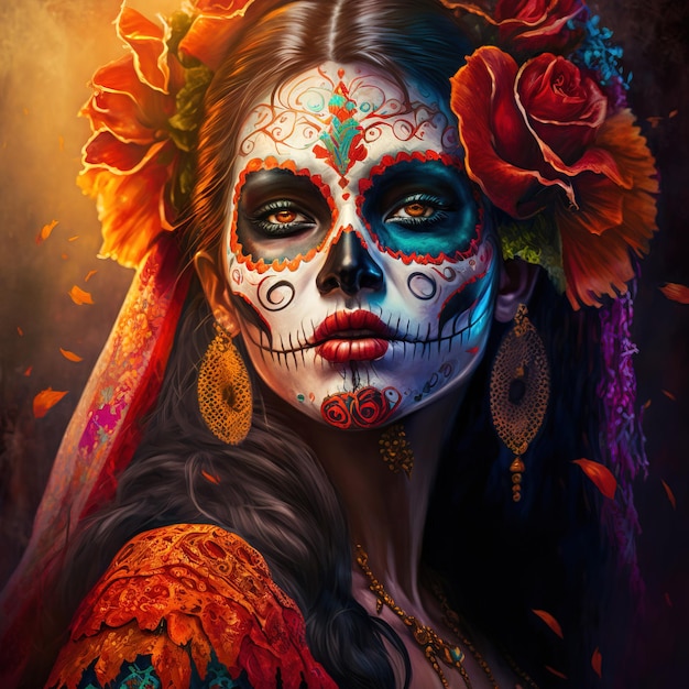 illustration of a woman wear make up and dress in skull Day of the Dead or Da de los Muertos
