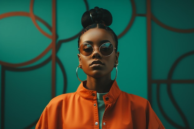 illustration of a woman wearing glasses and a headband is posing on a colorful background