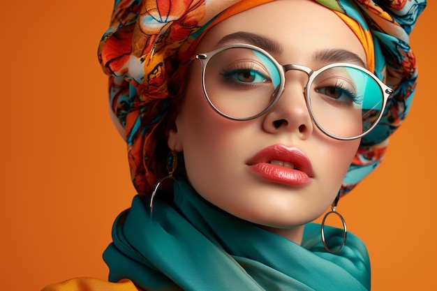 illustration of a woman wearing glasses and a headband is posing on a colorful background