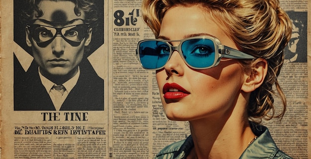 Photo illustration of a woman wearing glasses in a retro 80s style in the background of a newspaper