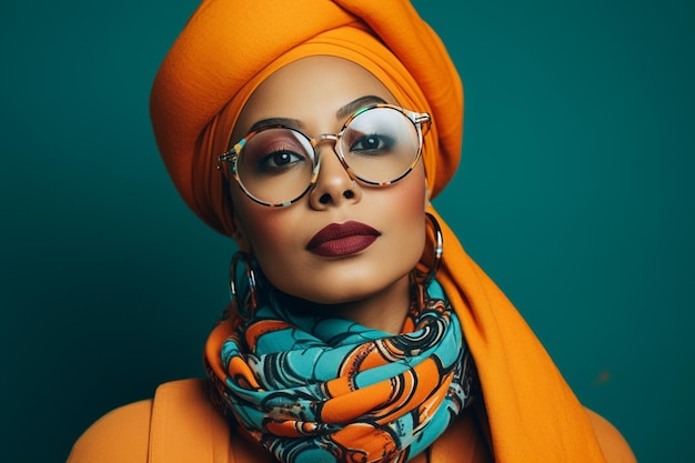 illustration of a woman wearing glasses and a turban is posing on a colorful background