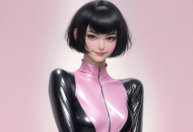 Photo illustration of a woman wearing a latex suit with a pink background